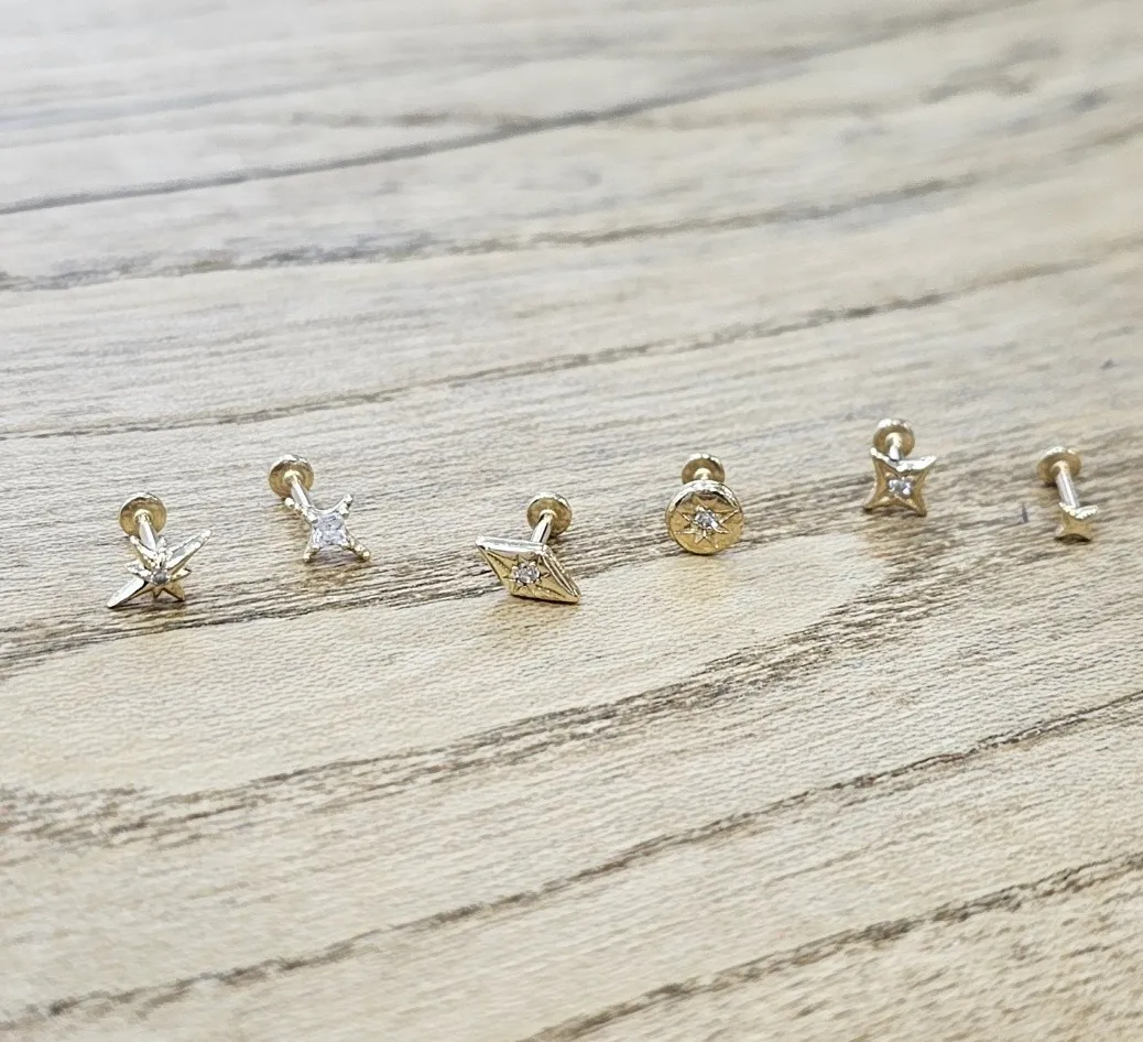 14k Solid Gold Cartilage Cz Diamond Shape Internally Internal Threaded Flat Back Labret Internally Internal Threaded Flat Back L