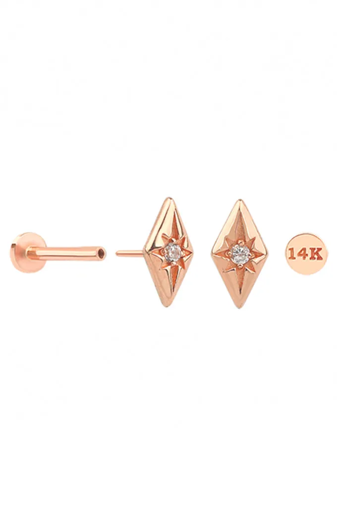 14k Solid Gold Cartilage Cz Diamond Shape Internally Internal Threaded Flat Back Labret Internally Internal Threaded Flat Back L