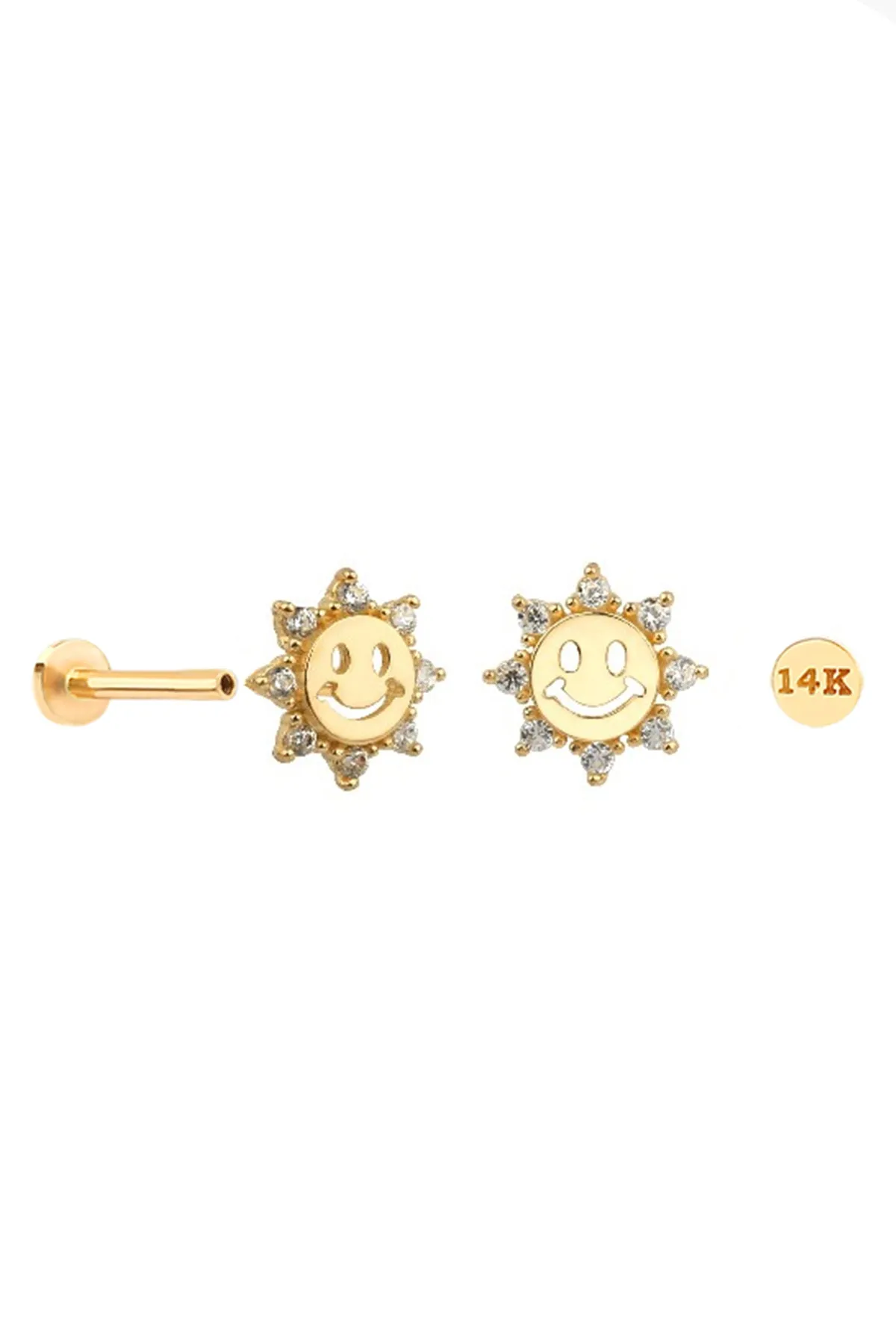 14k Solid Gold Cartilage Cz Smile Sun Internally Internal Threaded Flat Back Labret Internally Internal Threaded Flat Back Labre