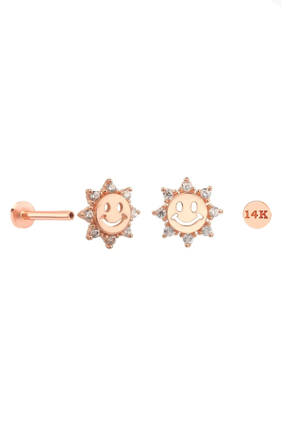 14k Solid Gold Cartilage Cz Smile Sun Internally Internal Threaded Flat Back Labret Internally Internal Threaded Flat Back Labre