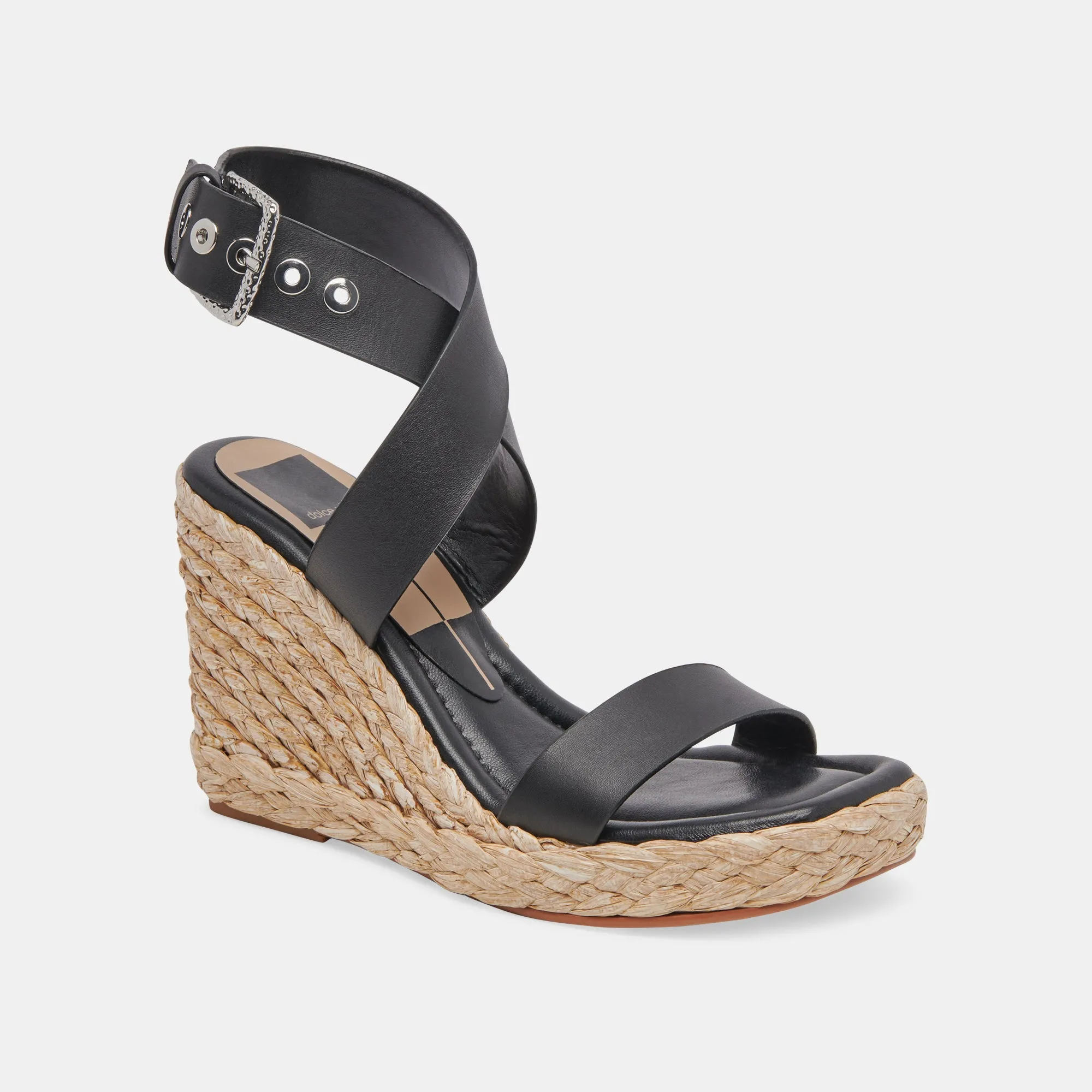 Aldona Black Leather Wedges