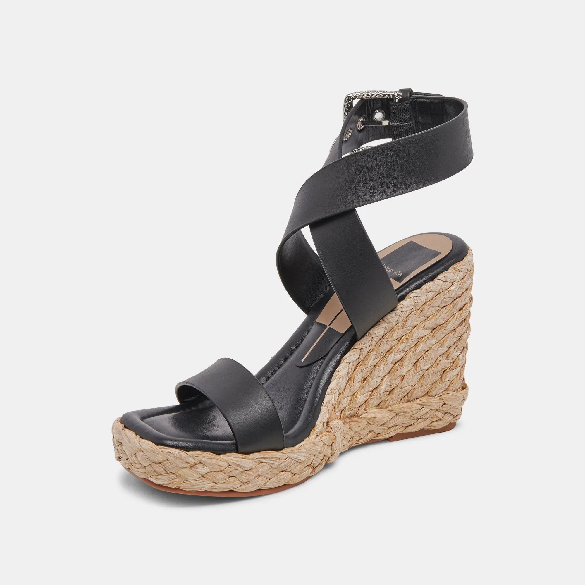 Aldona Black Leather Wedges