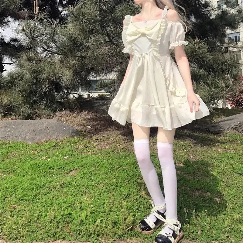 Spring Bow Mini Off-Shoulder Dress - Almond Princess Kawaii Lolita Lilly