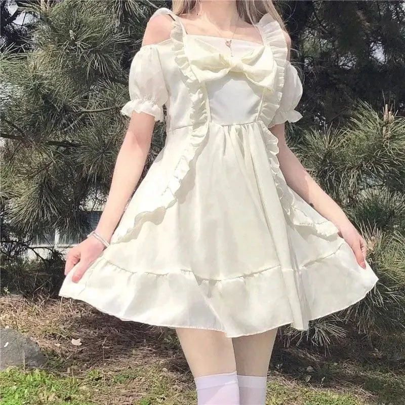 Spring Bow Mini Off-Shoulder Dress - Almond Princess Kawaii Lolita Lilly