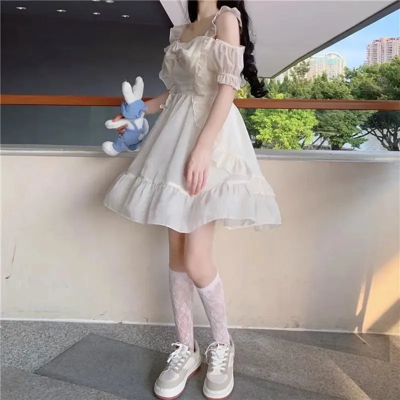 Spring Bow Mini Off-Shoulder Dress - Almond Princess Kawaii Lolita Lilly