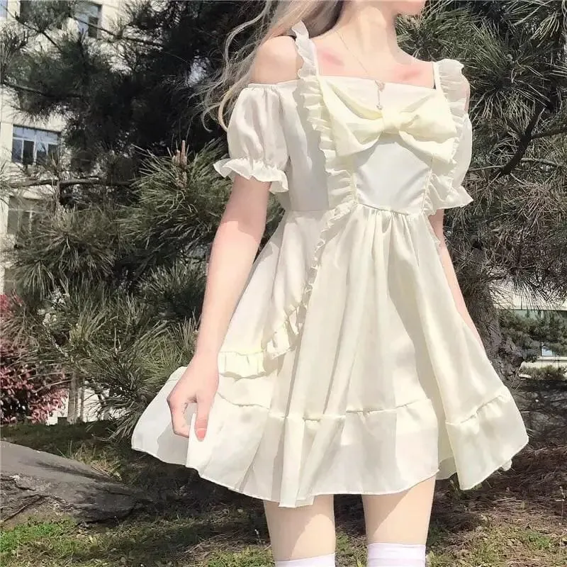 Spring Bow Mini Off-Shoulder Dress - Almond Princess Kawaii Lolita Lilly