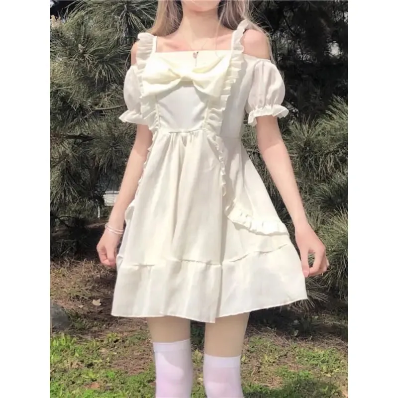 Spring Bow Mini Off-Shoulder Dress - Almond Princess Kawaii Lolita Lilly