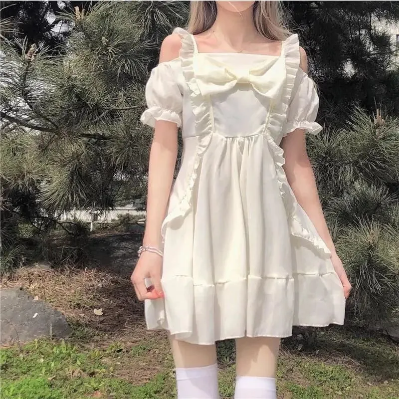 Spring Bow Mini Off-Shoulder Dress - Almond Princess Kawaii Lolita Lilly