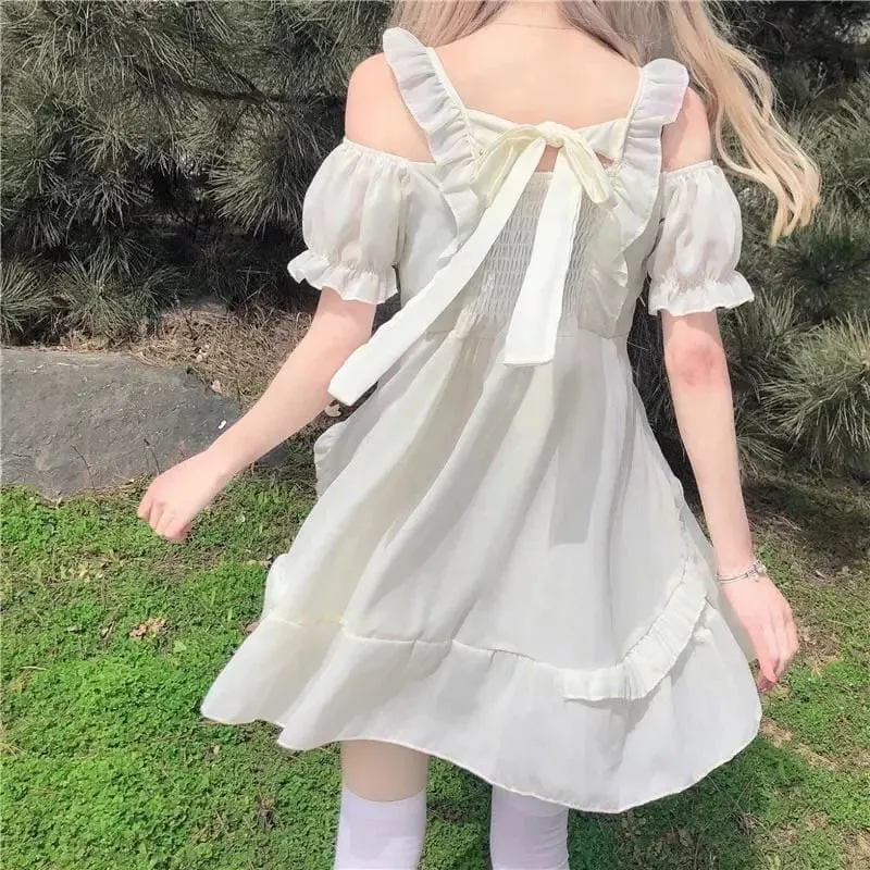 Spring Bow Mini Off-Shoulder Dress - Almond Princess Kawaii Lolita Lilly