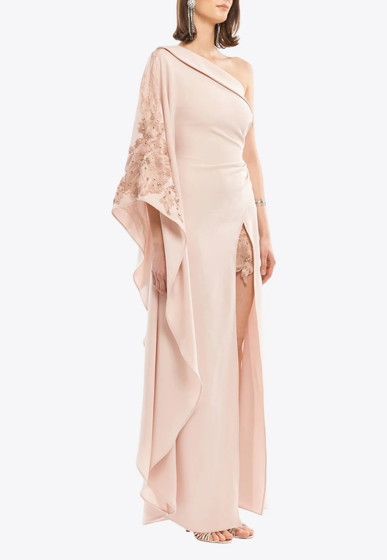 Angel Wing One-Shoulder Draped Maxi Dress