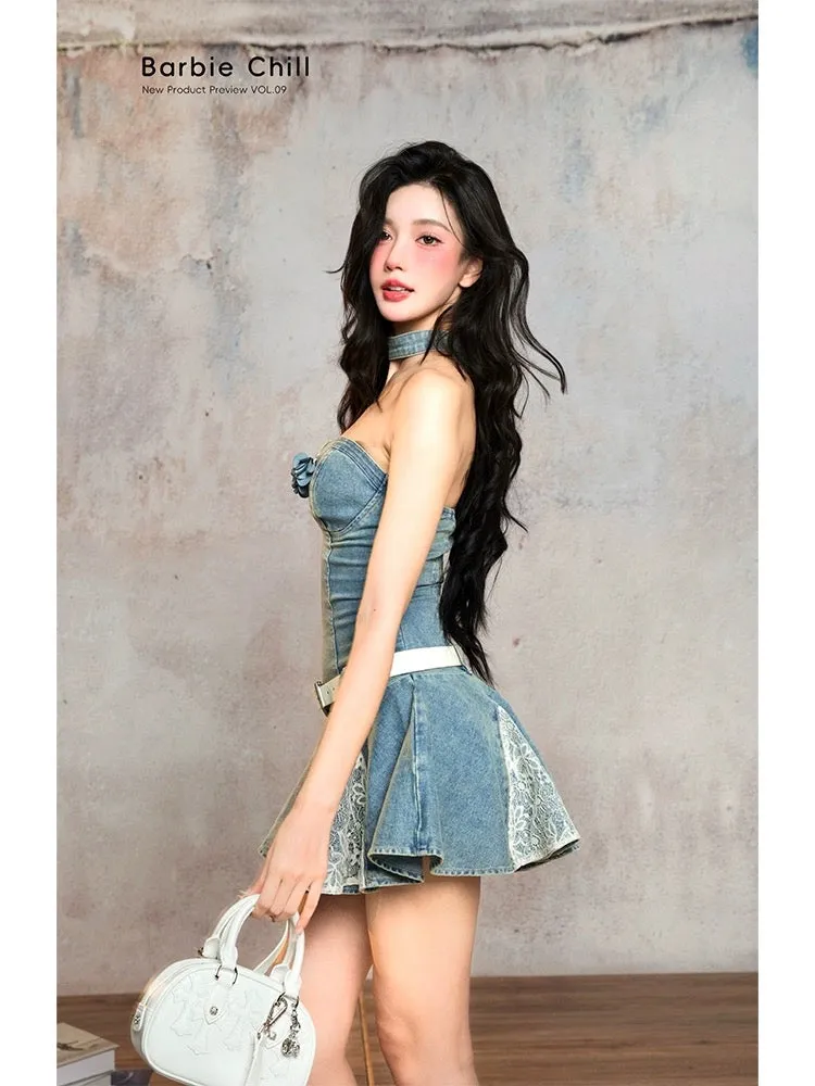 Aunt Barbie French dress female summer new hot girl stitching lace retro distressed denim tube top A-line skirt