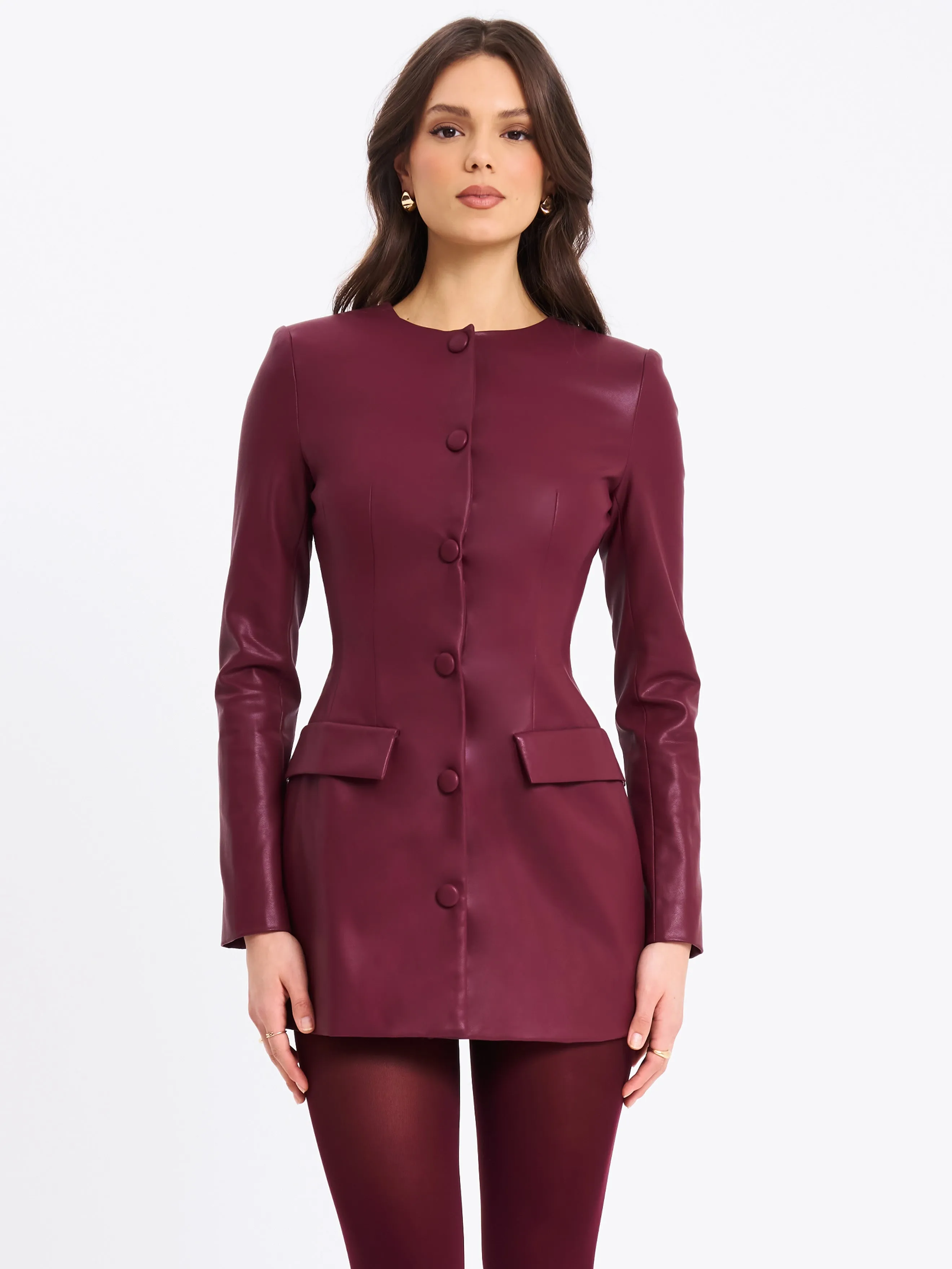 Baila Burgundy Vegan Leather Blazer Mini Dress