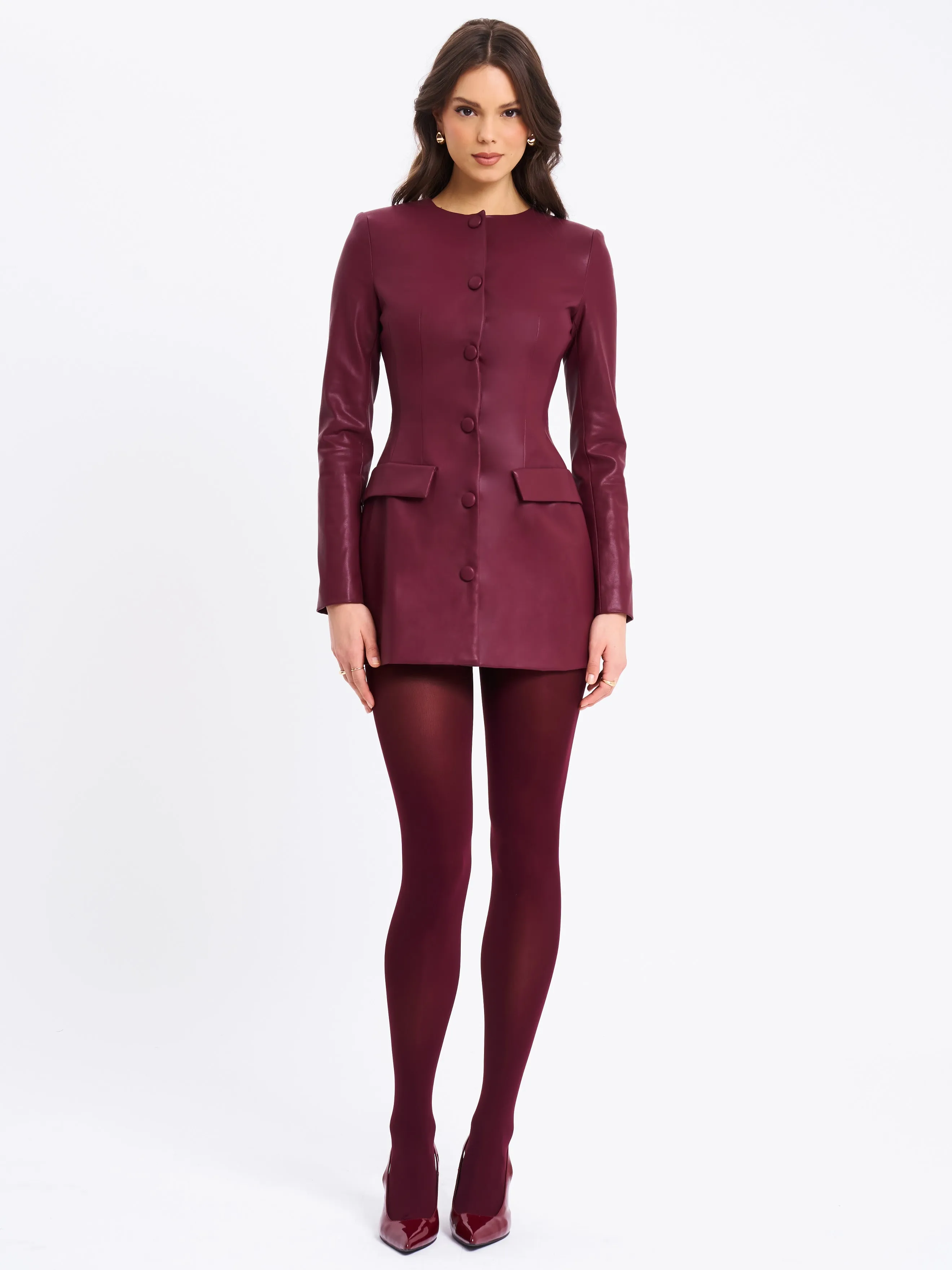 Baila Burgundy Vegan Leather Blazer Mini Dress