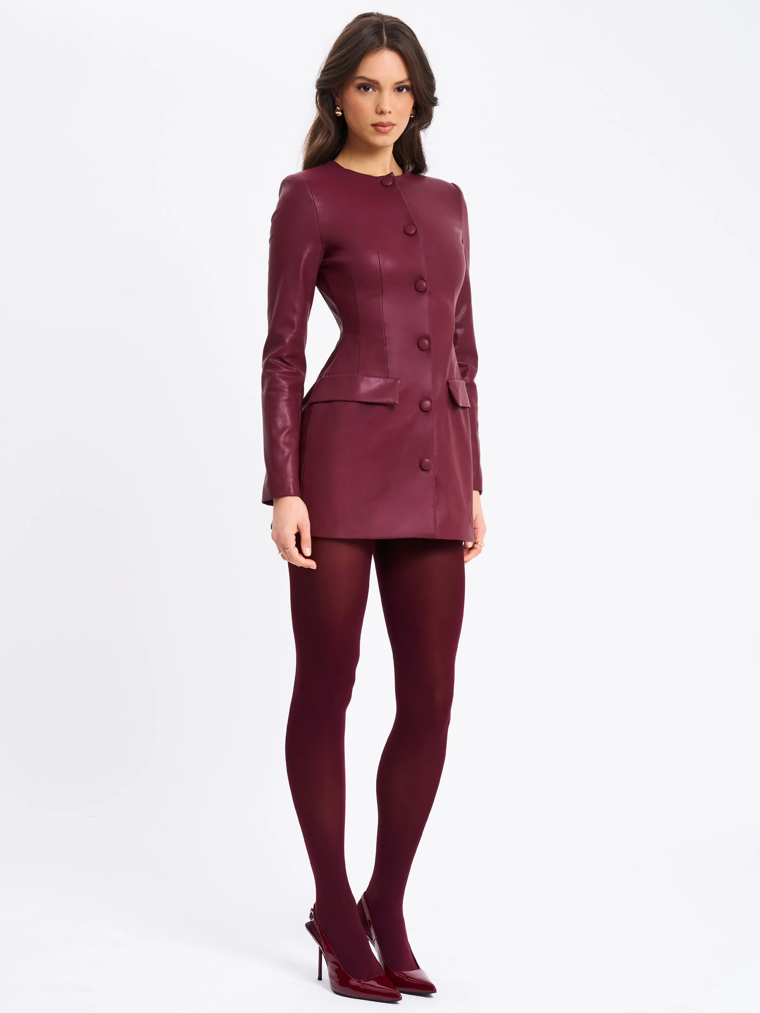 Baila Burgundy Vegan Leather Blazer Mini Dress