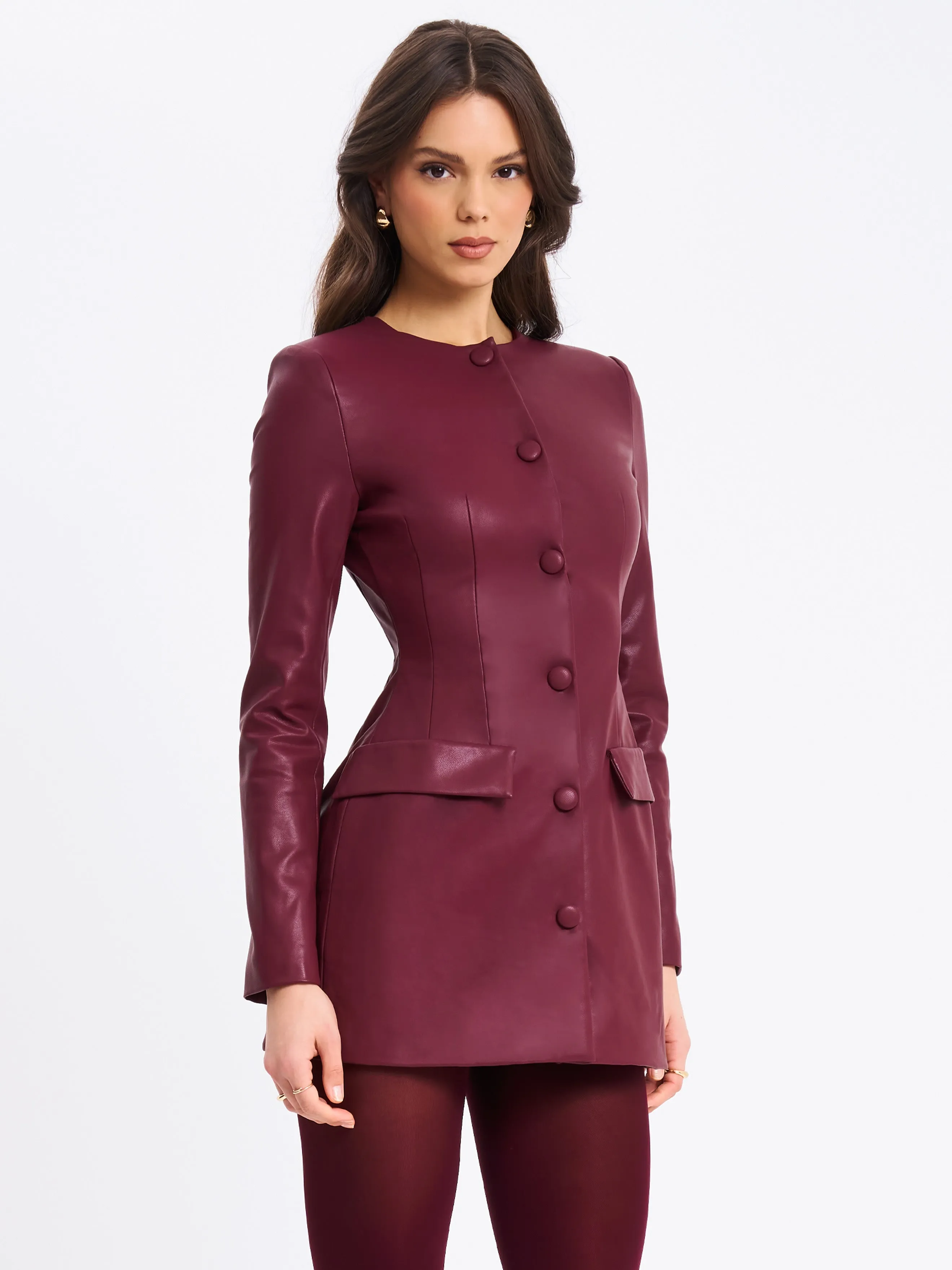 Baila Burgundy Vegan Leather Blazer Mini Dress