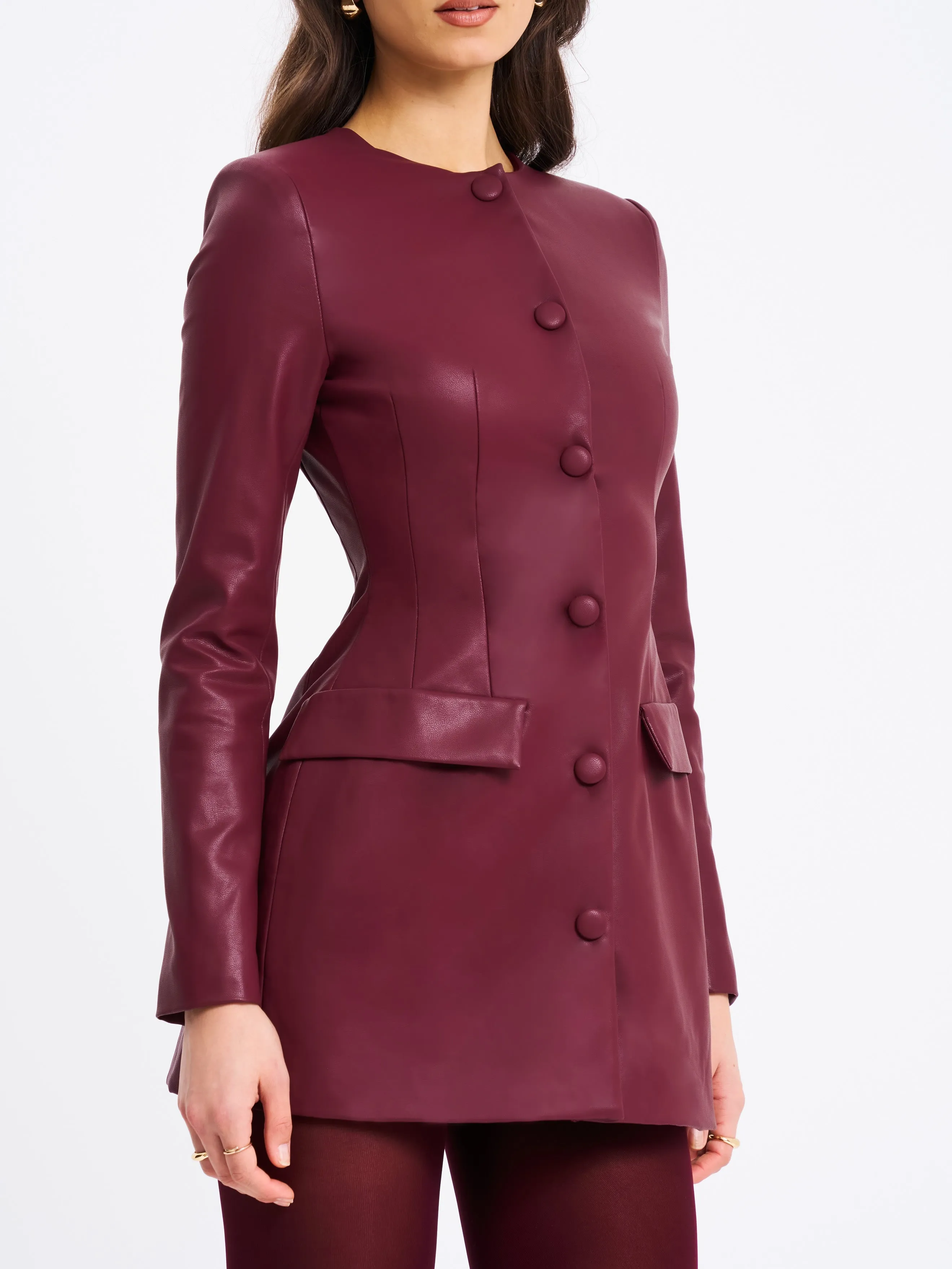 Baila Burgundy Vegan Leather Blazer Mini Dress