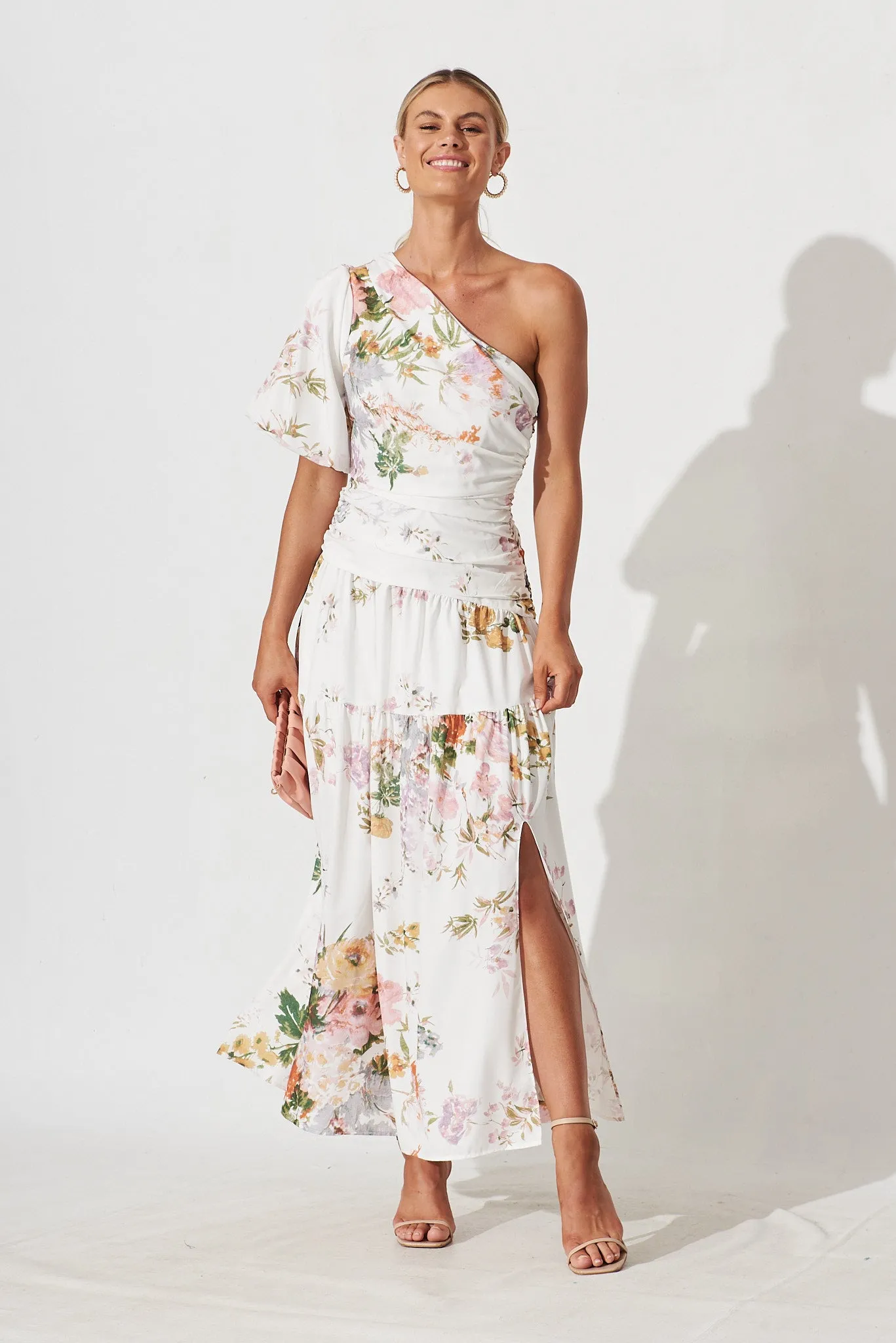 Berlyn One Shoulder Maxi Dress White With Pink Floral