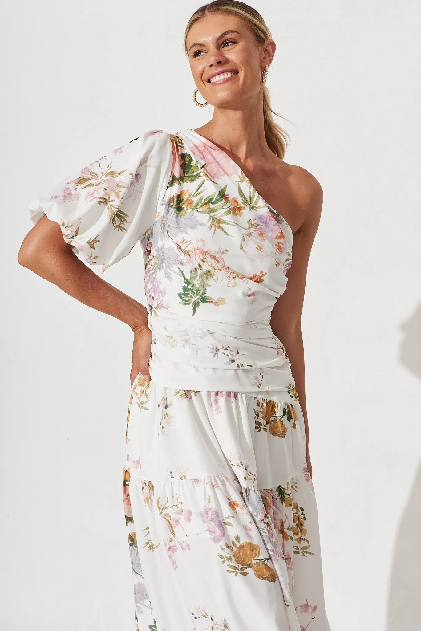 Berlyn One Shoulder Maxi Dress White With Pink Floral