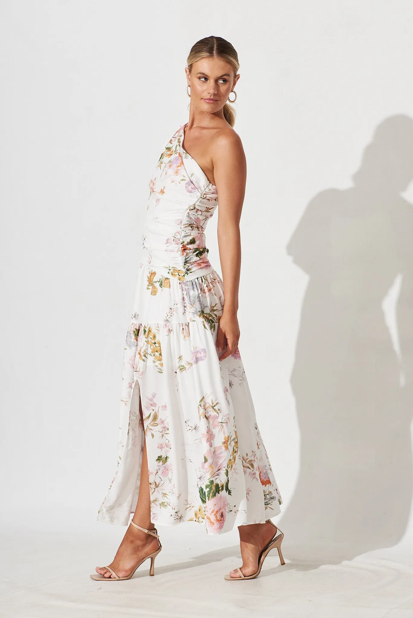 Berlyn One Shoulder Maxi Dress White With Pink Floral