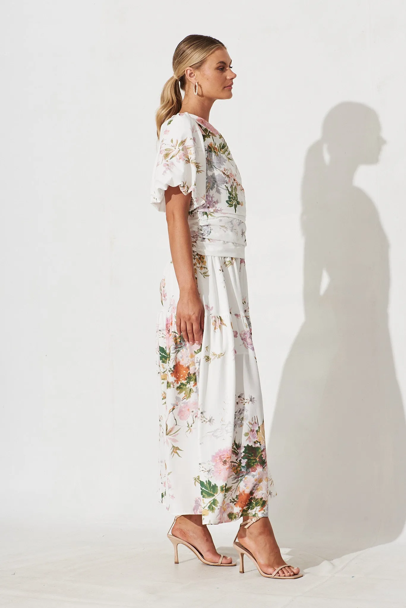 Berlyn One Shoulder Maxi Dress White With Pink Floral