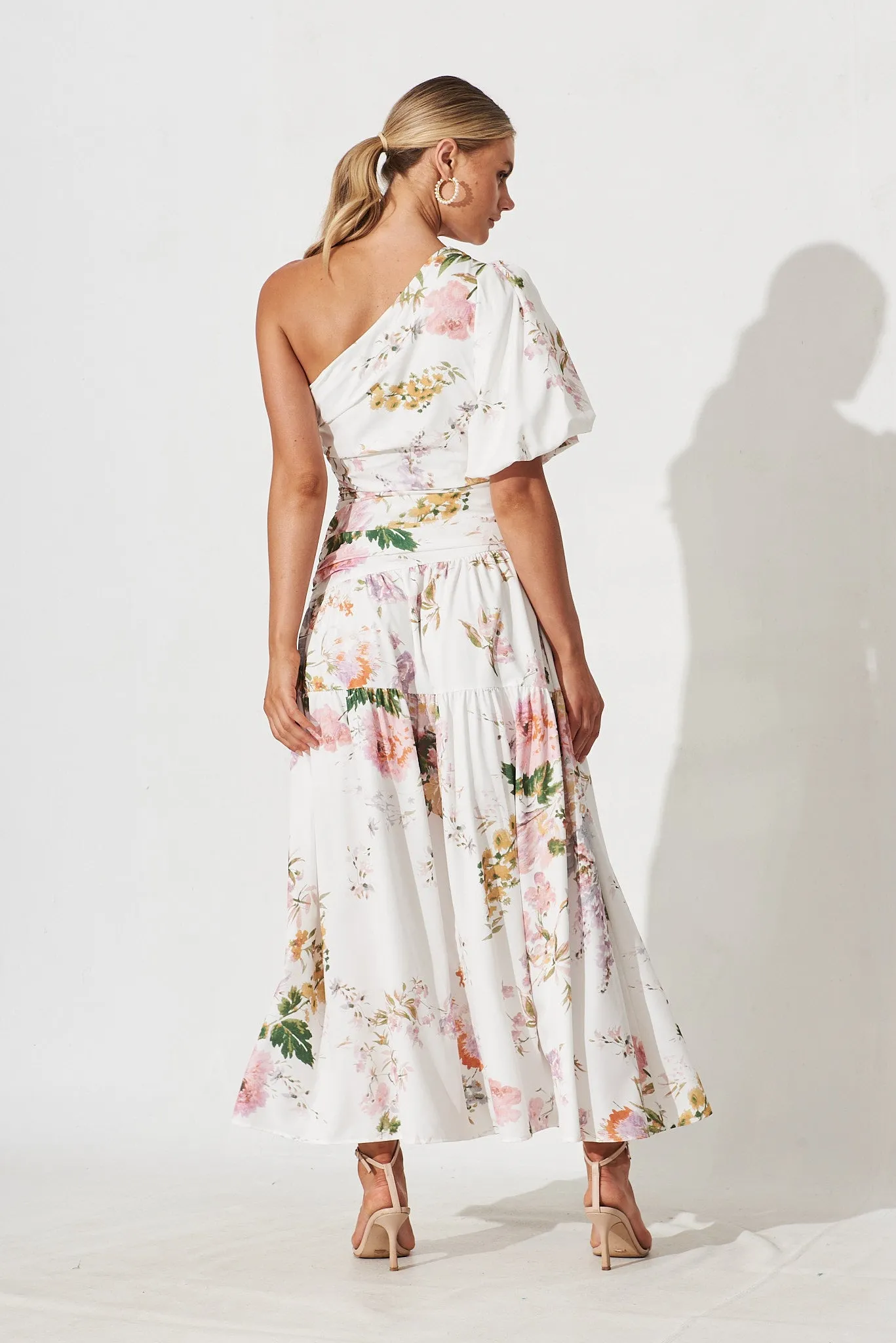 Berlyn One Shoulder Maxi Dress White With Pink Floral