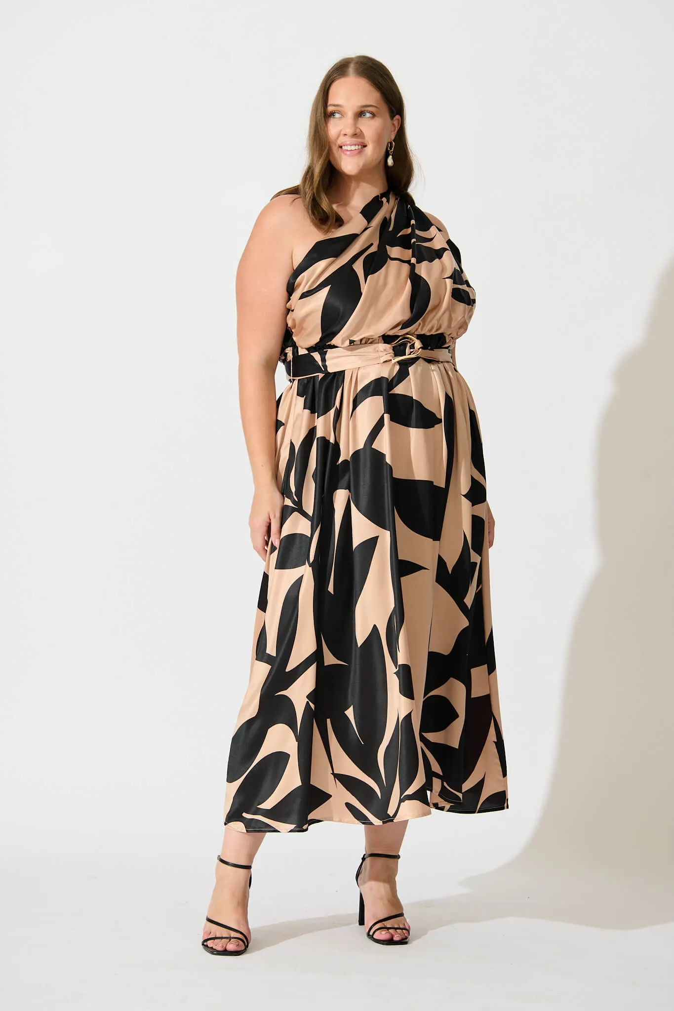 Bernadette One Shoulder Midi Dress In Brown With Black Print Satin