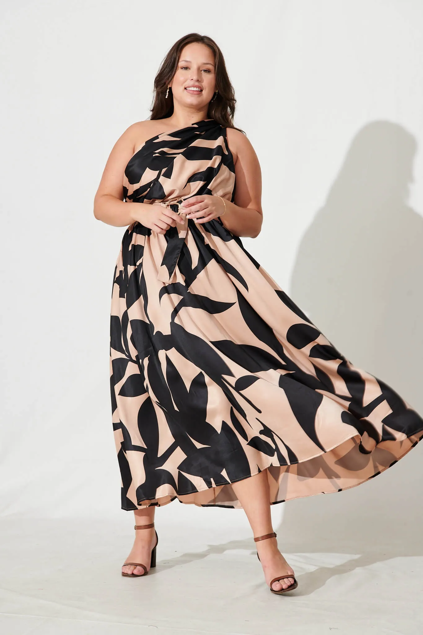 Bernadette One Shoulder Midi Dress In Brown With Black Print Satin