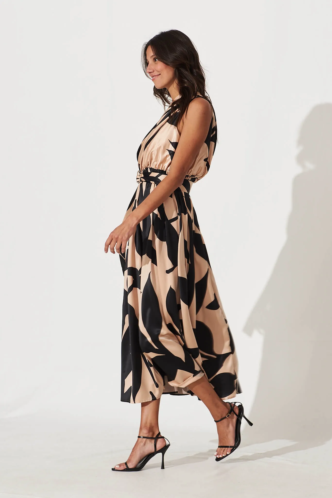 Bernadette One Shoulder Midi Dress In Brown With Black Print Satin