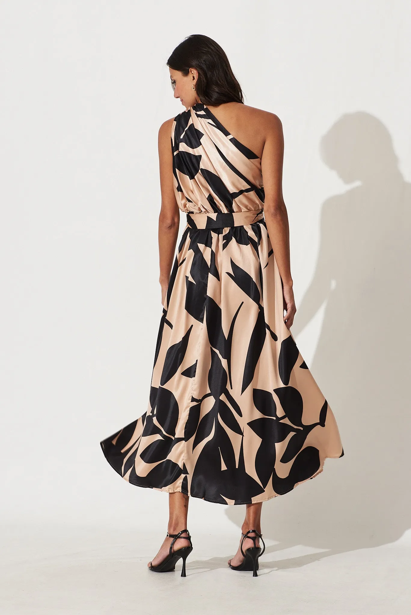 Bernadette One Shoulder Midi Dress In Brown With Black Print Satin