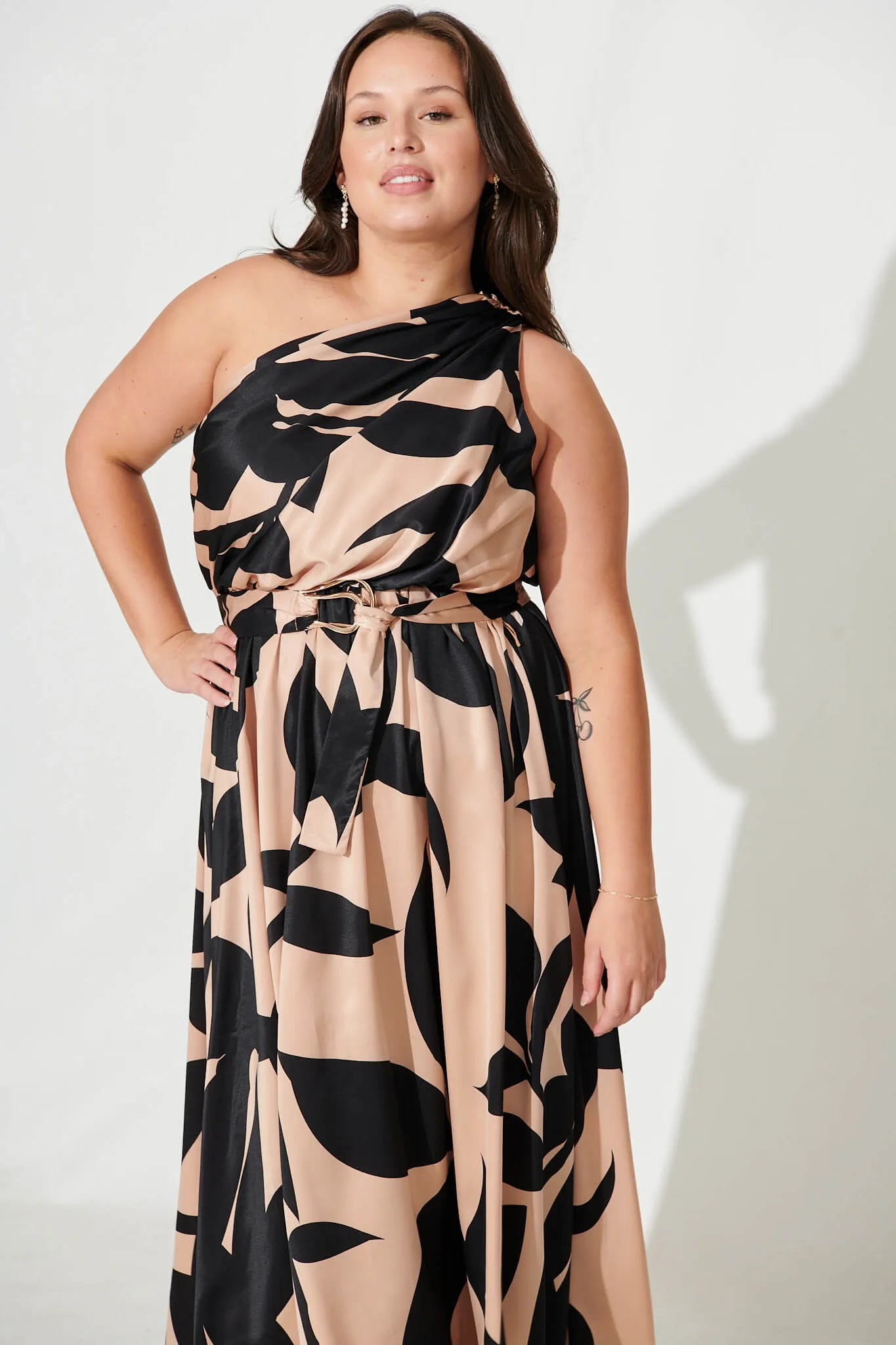 Bernadette One Shoulder Midi Dress In Brown With Black Print Satin