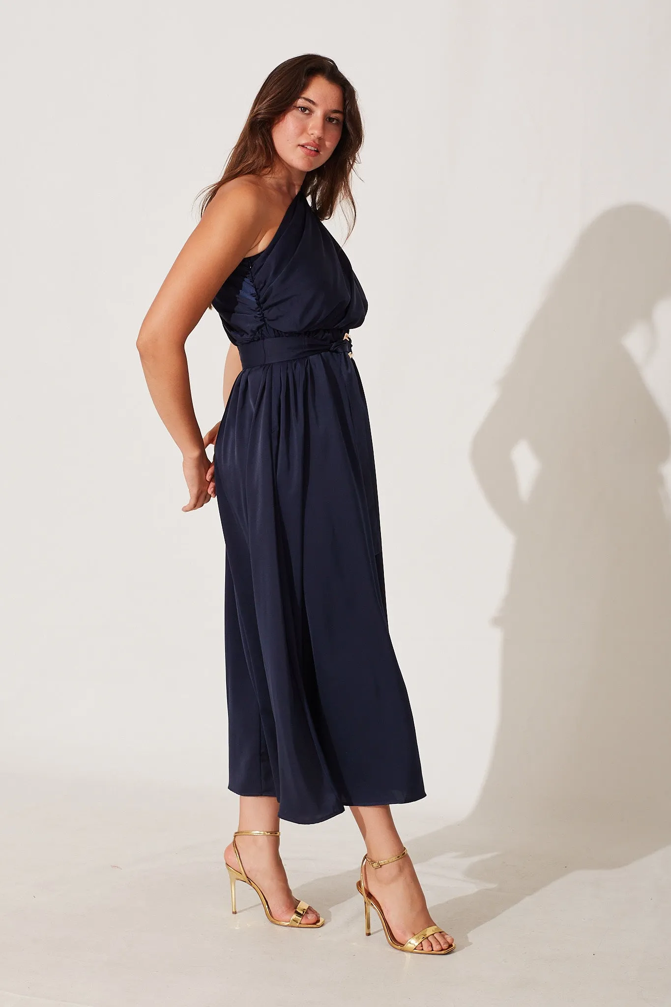 Bernadette One Shoulder Midi Dress In Navy Satin