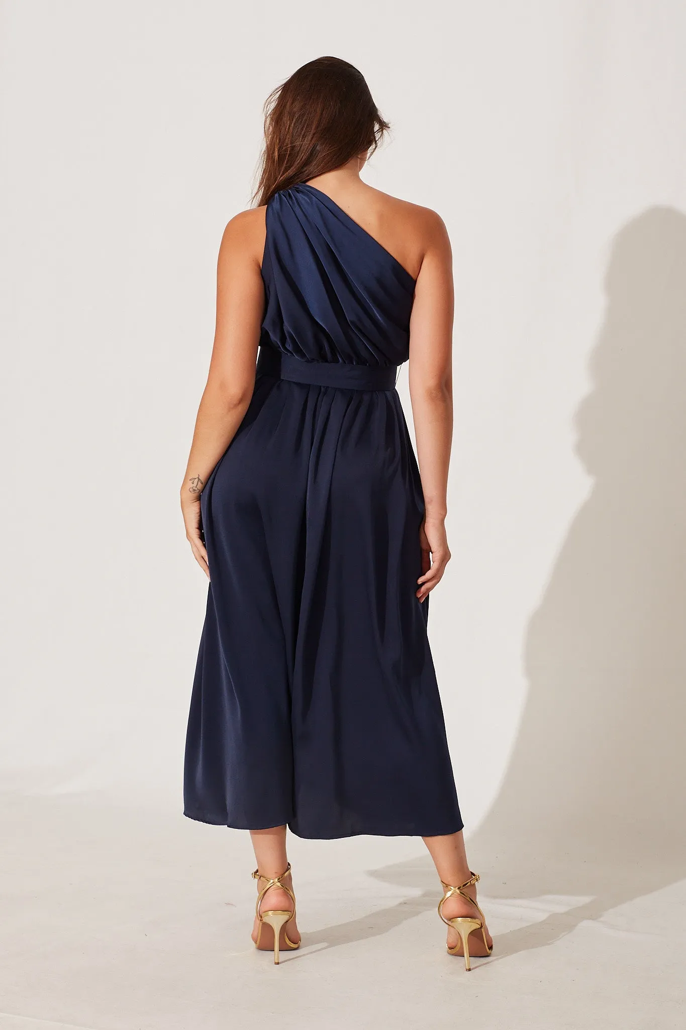 Bernadette One Shoulder Midi Dress In Navy Satin