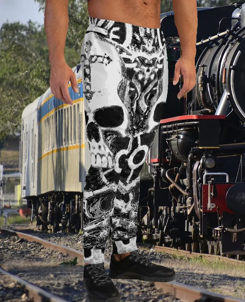 Black & White Steampunk Skull Slim Fit Men's Joggers