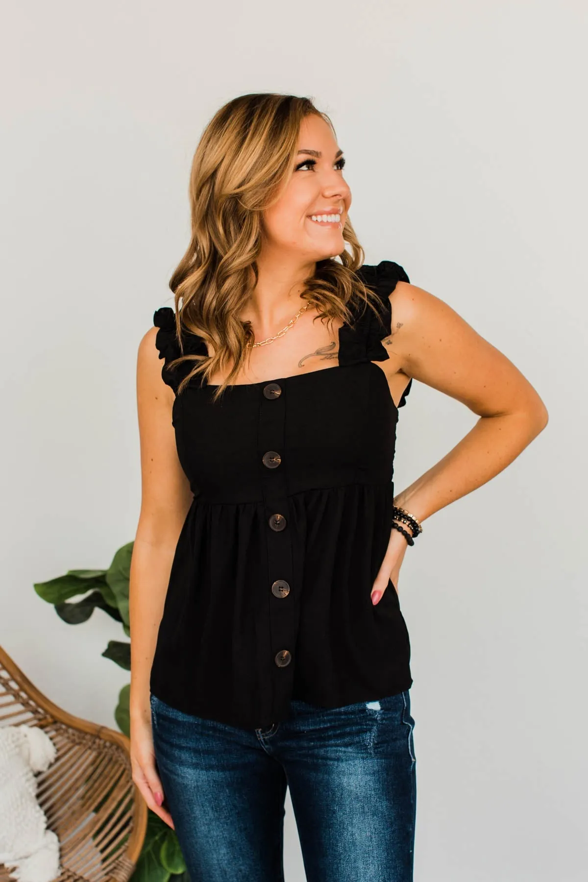 Black Button-Up Tank Top for Women