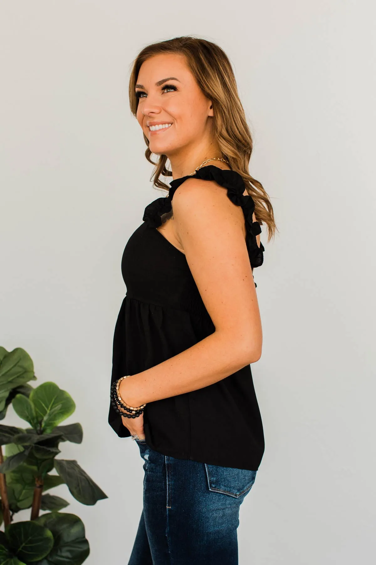 Black Button-Up Tank Top for Women