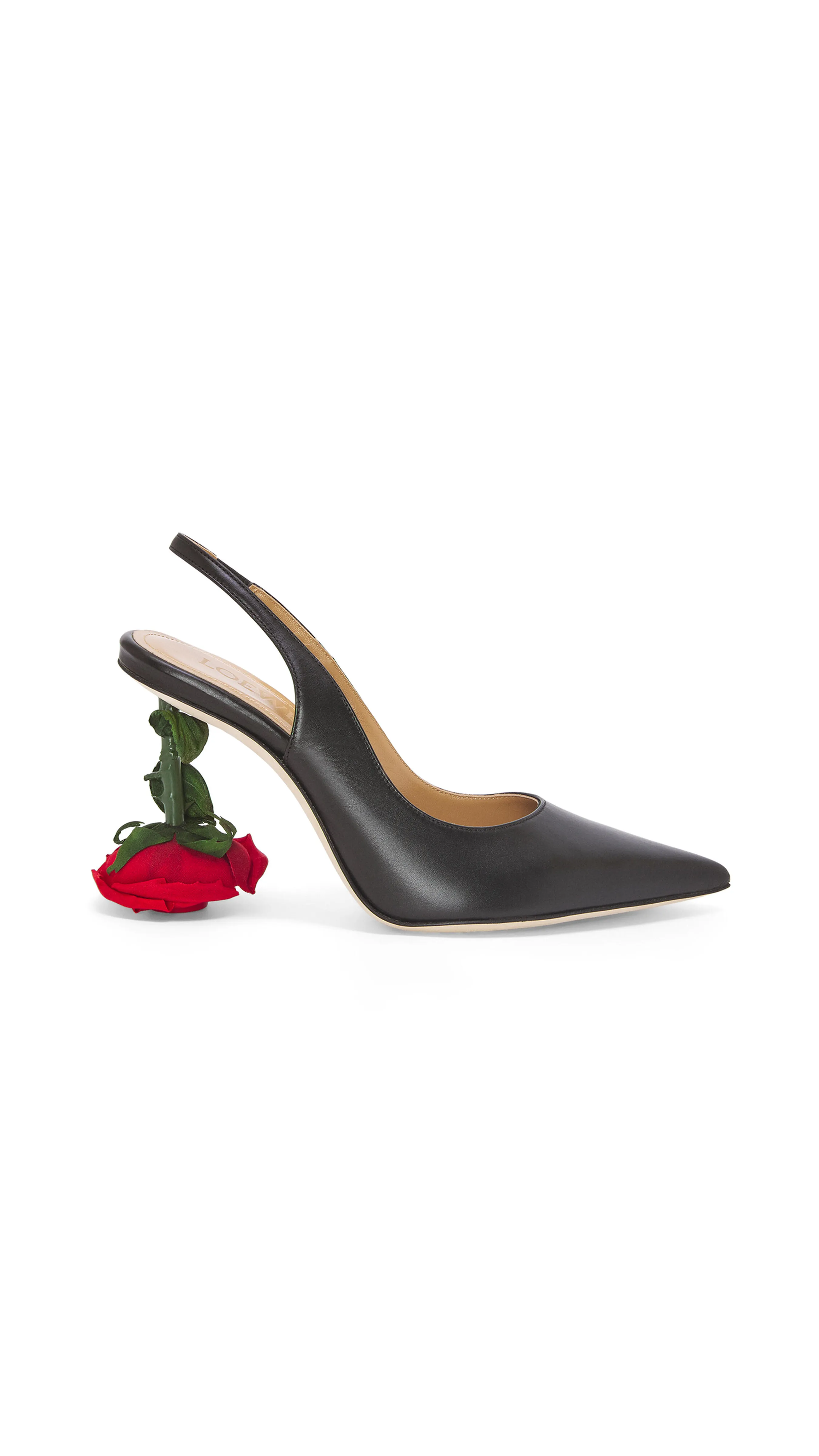 Black Calfskin Rose Heel Slingback