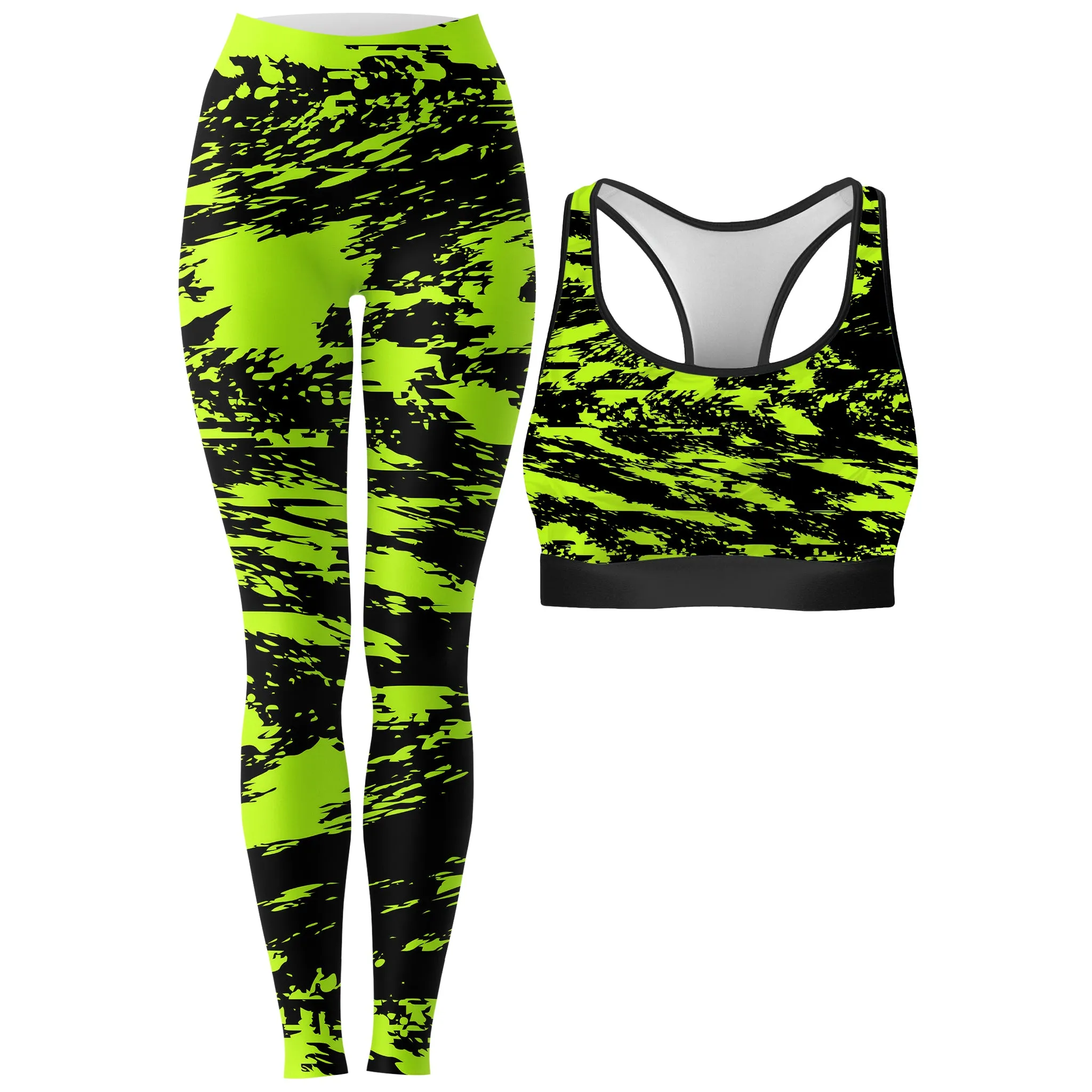 Black Lime Bolt Glitch Rave Bra and Leggings Combo