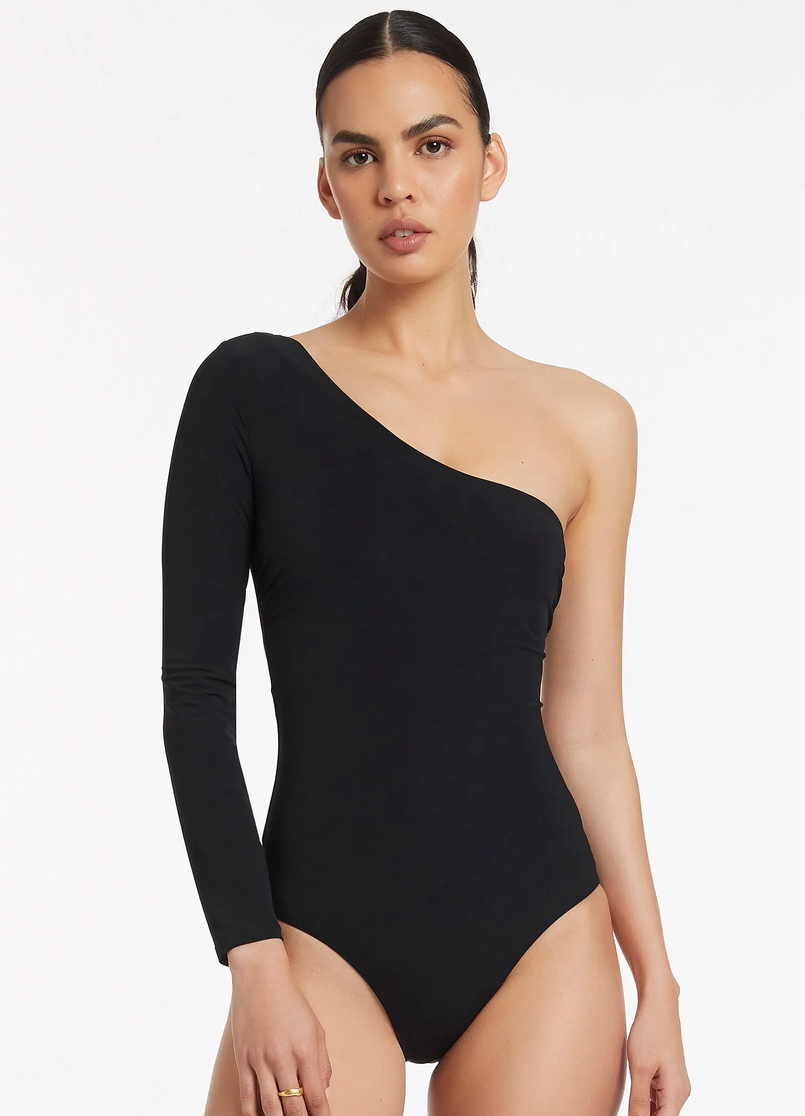 Black One Shoulder Long Sleeve One Piece Swimsuit