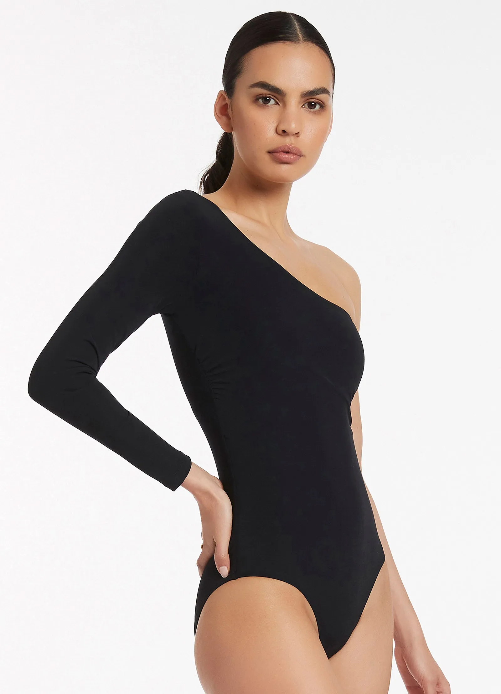 Black One Shoulder Long Sleeve One Piece Swimsuit