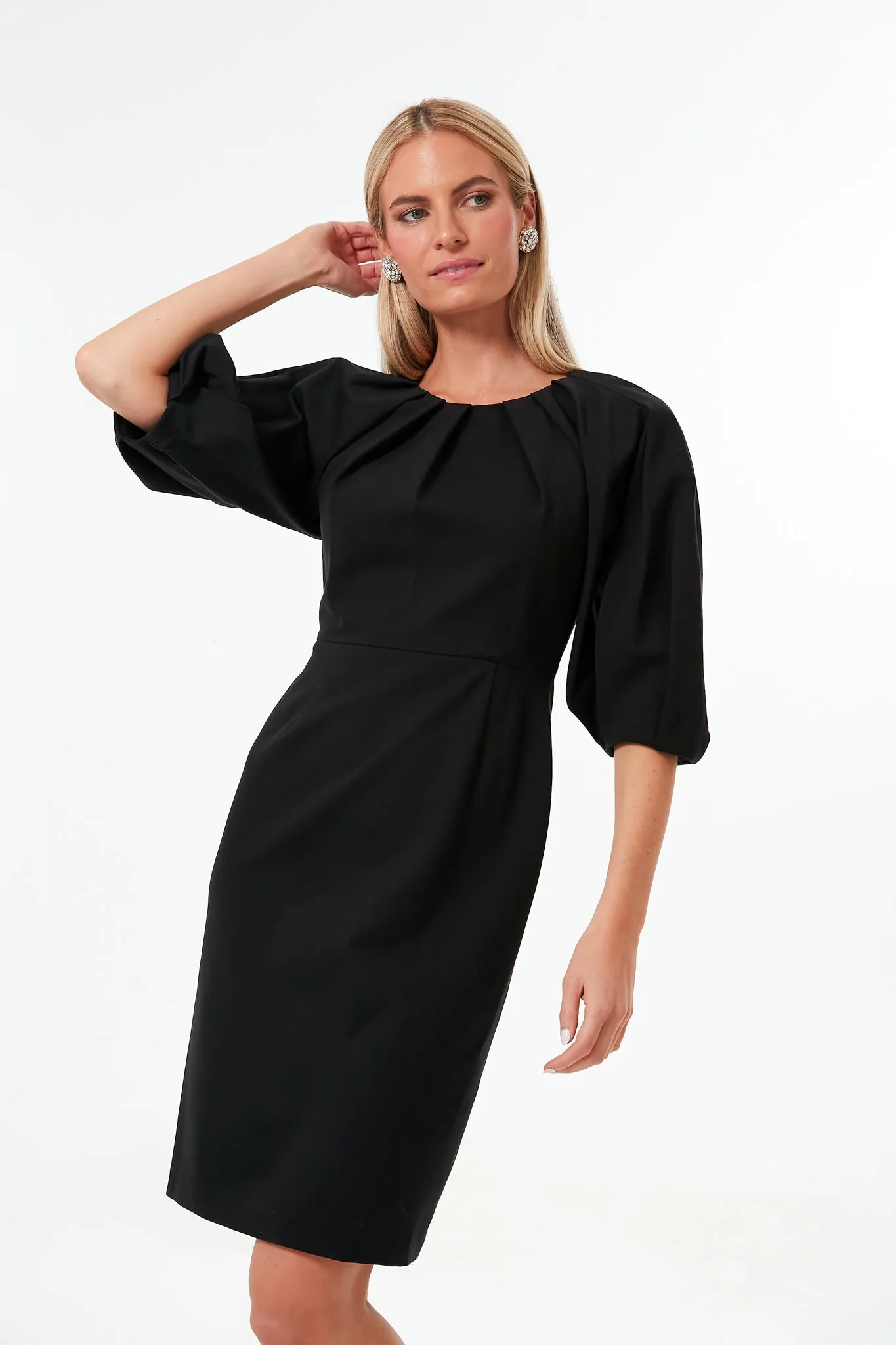 Black Pleated Shoulder Ponte Dress