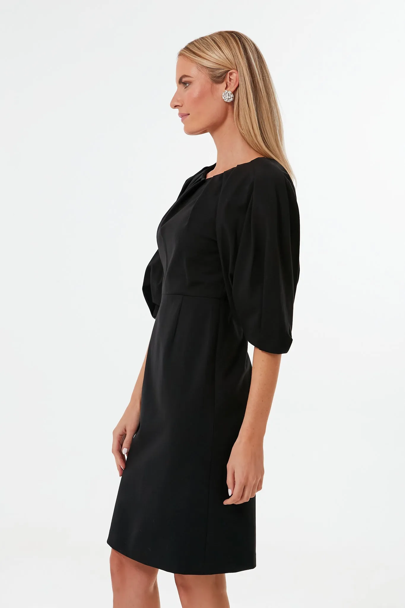 Black Pleated Shoulder Ponte Dress