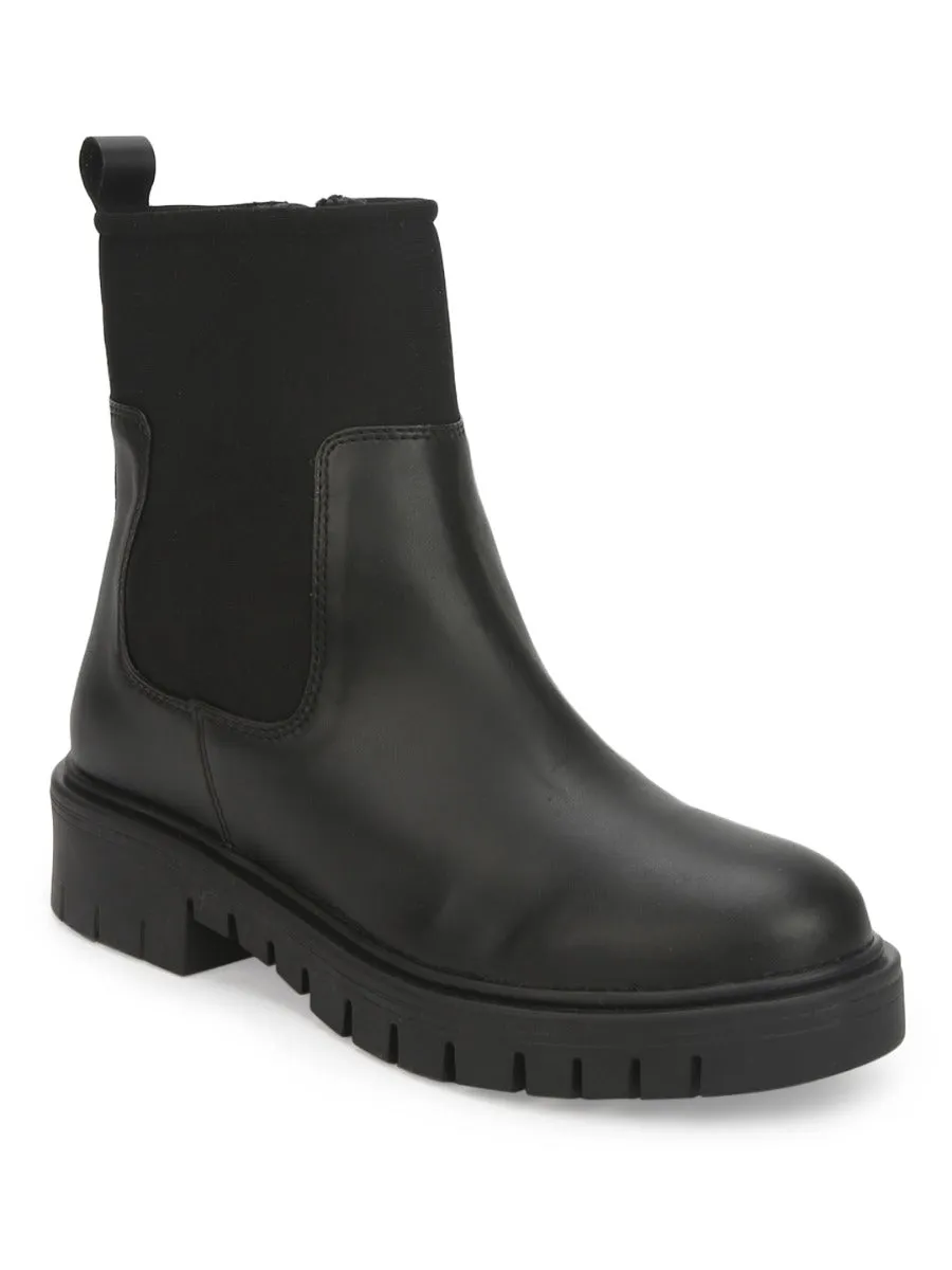 Black PU Cleated Bottom Ankle Boots