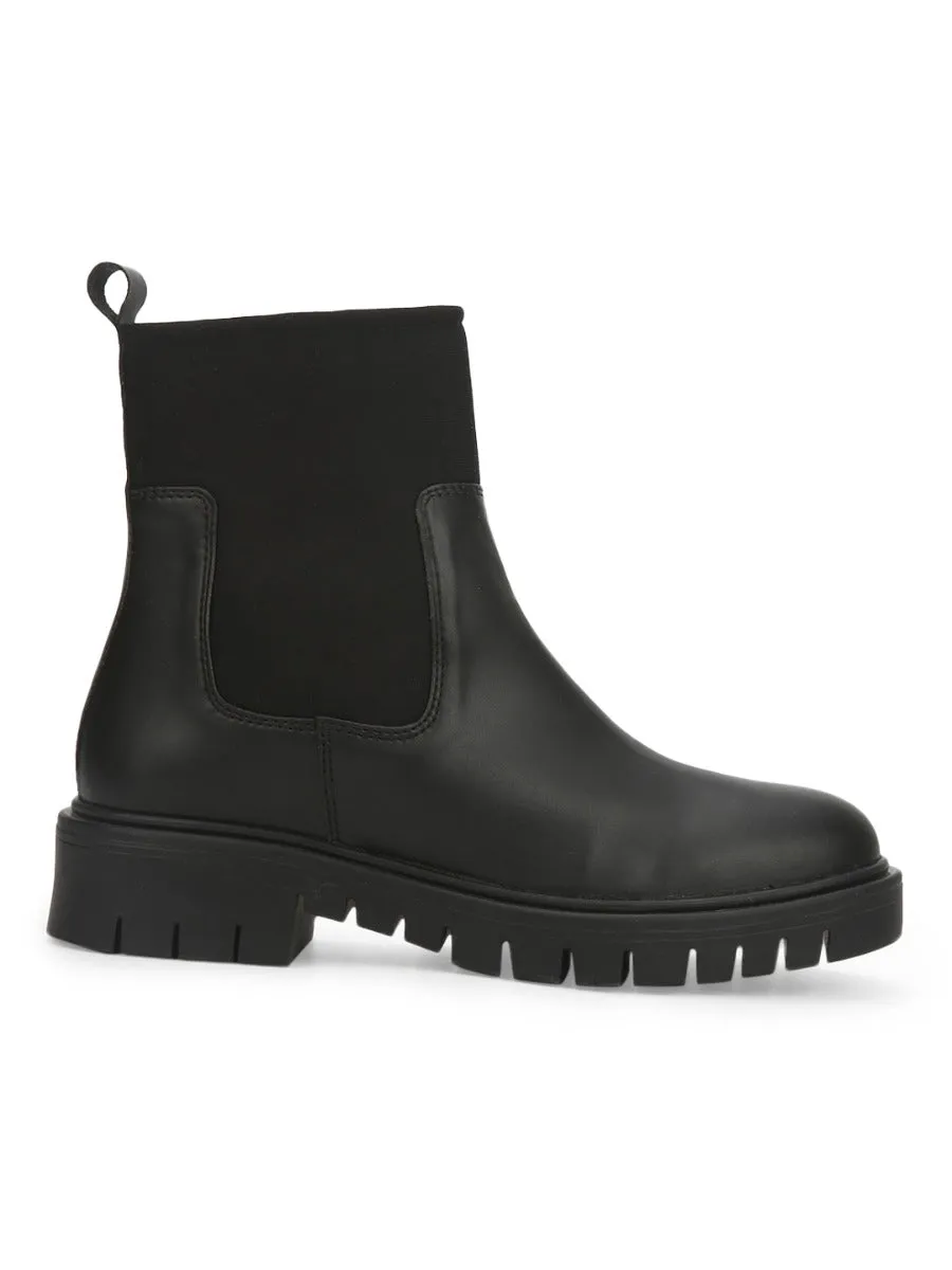 Black PU Cleated Bottom Ankle Boots