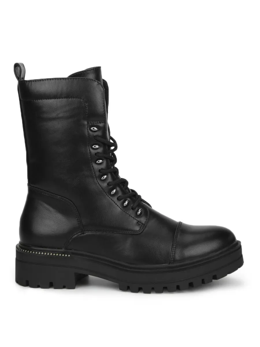 Black PU Combat Lace Up Ankle Boots