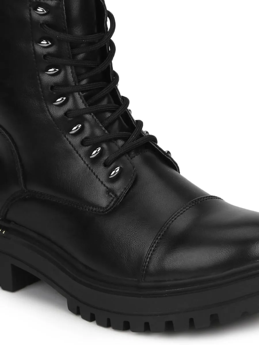 Black PU Combat Lace Up Ankle Boots