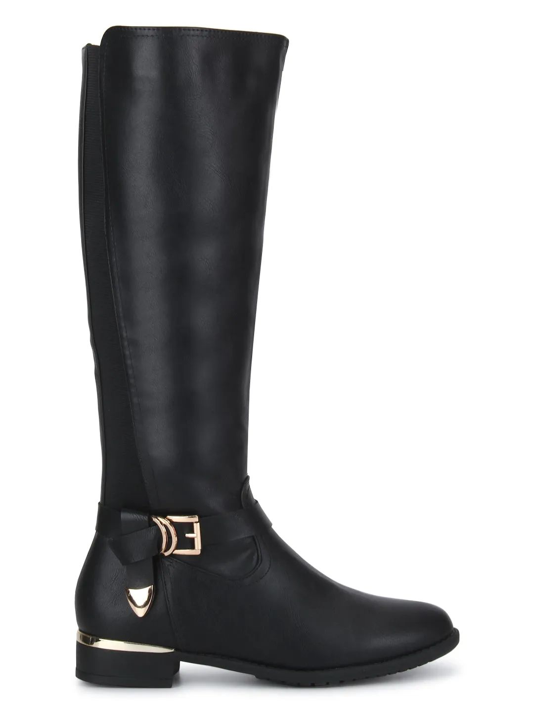 Black PU Double Shade Buckle Long Boots