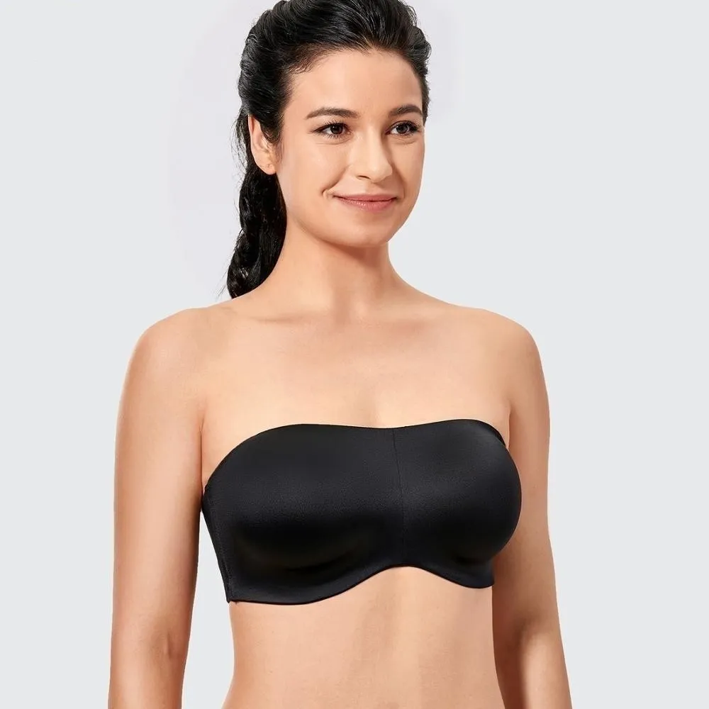 Black Seamless Underwire Bandeau Strapless Minimizer Bra for Women