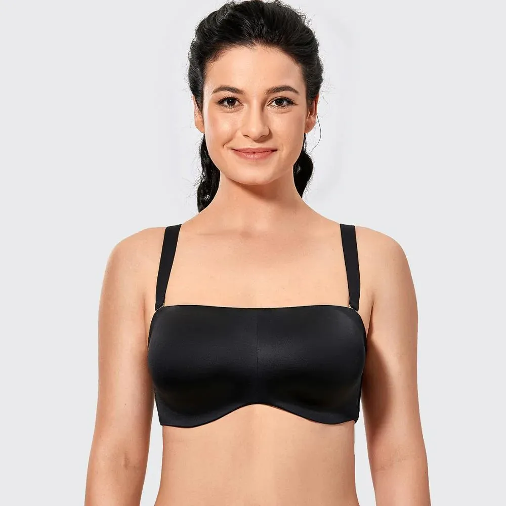 Black Seamless Underwire Bandeau Strapless Minimizer Bra for Women