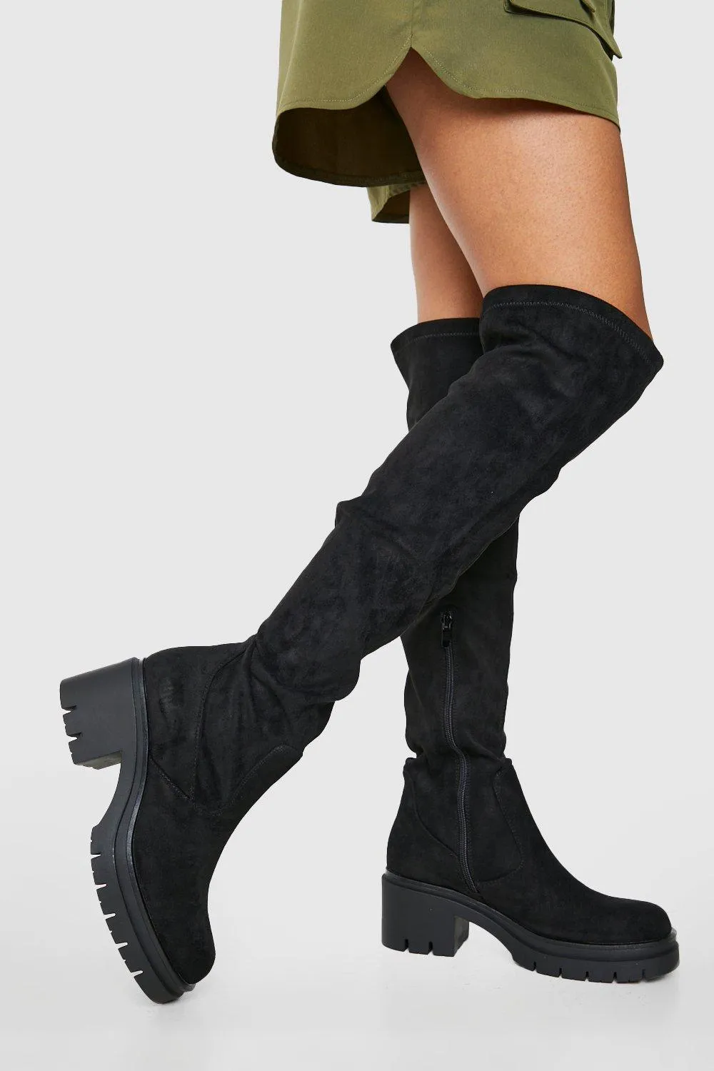 Block Heel Cleated Over The Knee Boots