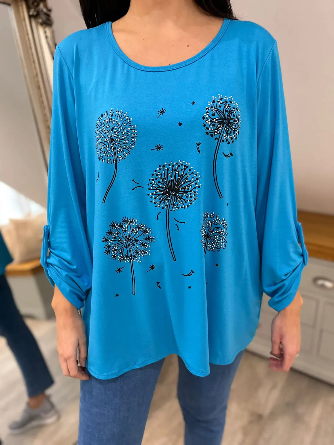 Blue Rhinestone Dandelion Print Blouse - Tanya